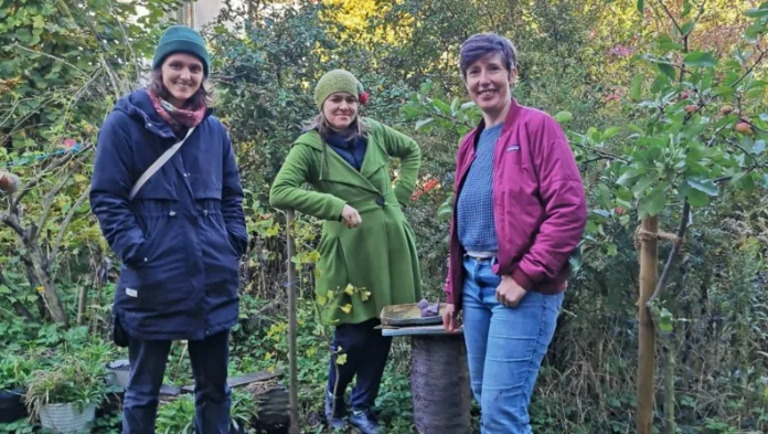 Constanze Pfeil, Laura Bernast und Oda Beckmann an einem ihrer Lieblingsplätze im von ihnen gemeinsam gestalteten Innenhof in der Lutherstraße 78. Foto: Stadt Jena